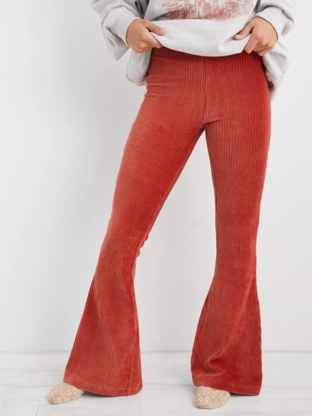 Aerie Rust Cinnabar Flare Pants Ribbed Bell Bottom Cozy Y2K Pants Lounge Cozy